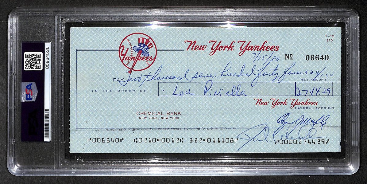 Lou Piniella Signed/Autographed 1980 Yankees Payroll Check PSA 214696