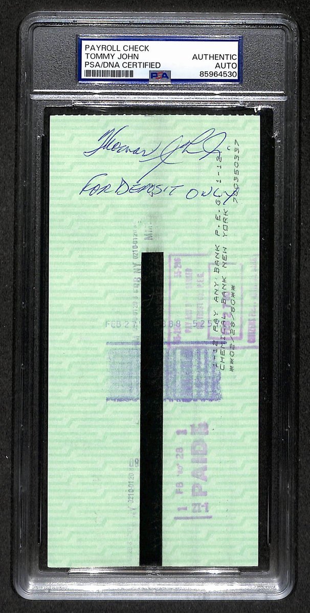 Tommy John Signed/Autographed 1980 Yankees Payroll Check PSA 214698