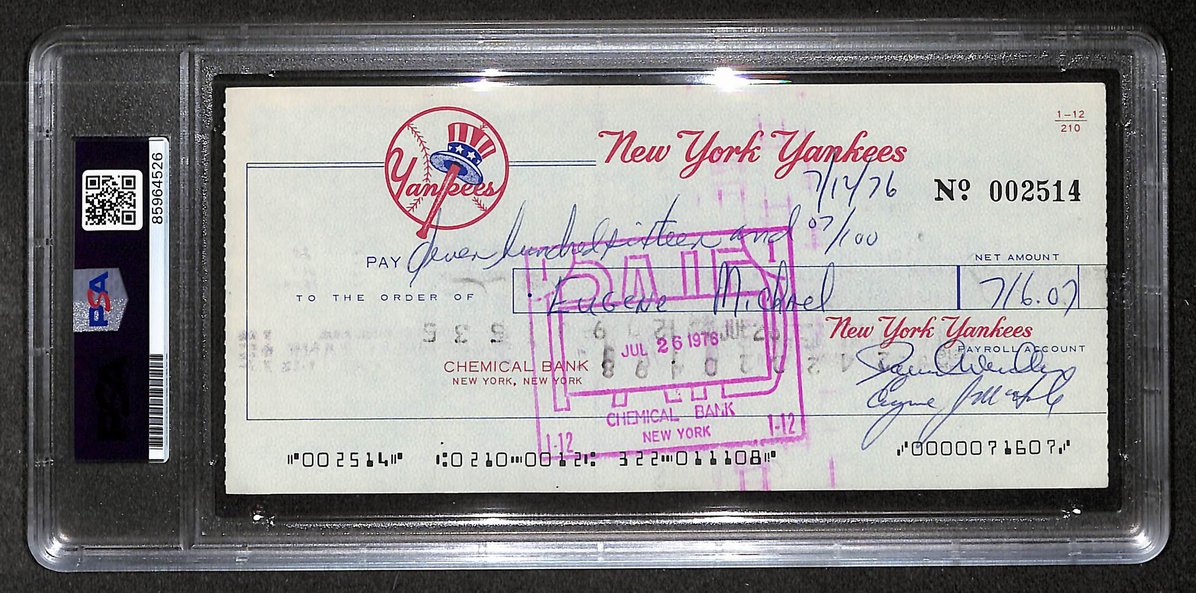Gene Michael Signed/Autographed 1976 Yankees Payroll Check PSA 214700
