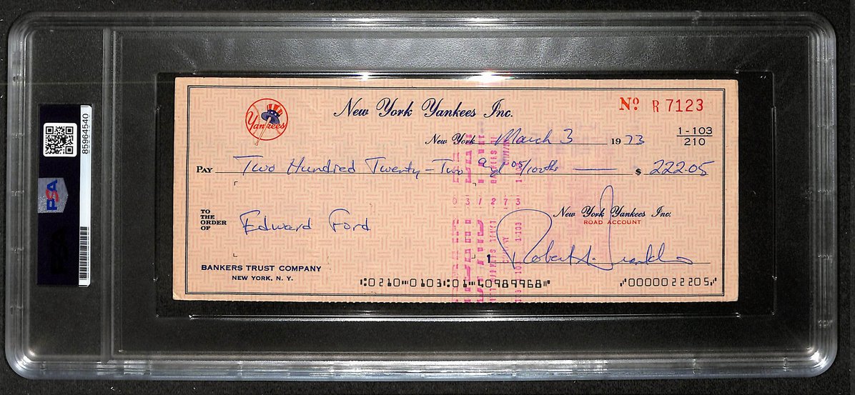 Whitey Ford HOF Signed/Autographed 1973 Yankees Payroll Check PSA 214687