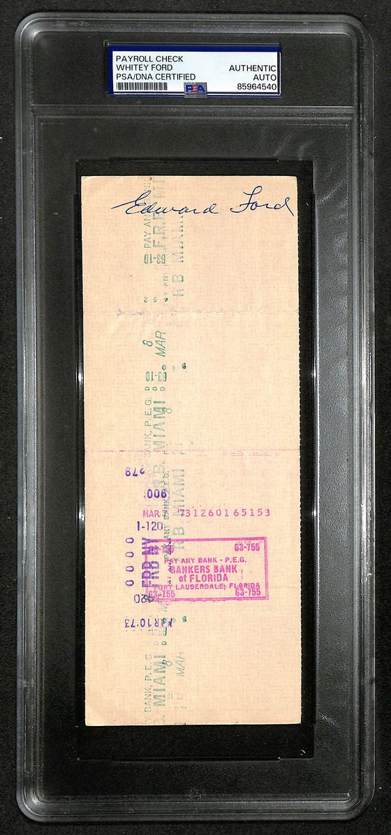 Whitey Ford HOF Signed/Autographed 1973 Yankees Payroll Check PSA 214687