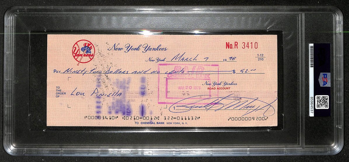 Lou Piniella Signed/Autographed 1978 Yankees Payroll Check PSA 214686