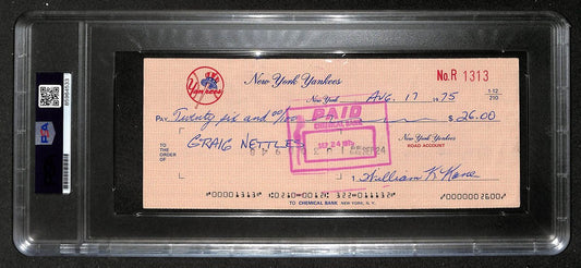Graig Nettles Signed/Autographed 1975 Yankees Payroll Check PSA 214685