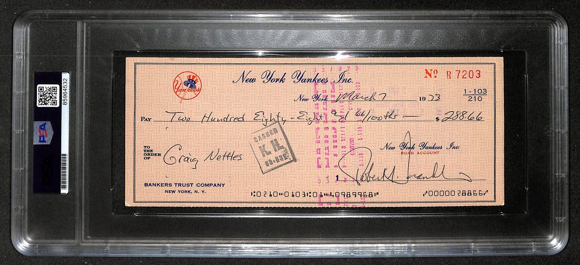 Graig Nettles Signed/Autographed 1973 Yankees Payroll Check PSA 214684