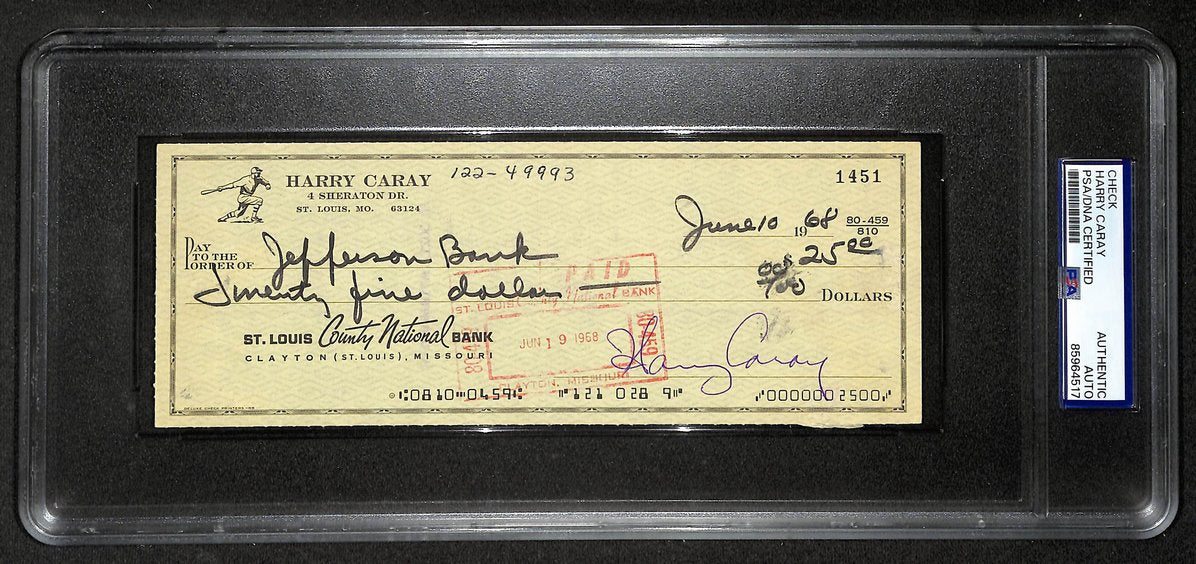 Harry Caray HOF Signed/Autographed 1968 Bank Check Cubs PSA 214689