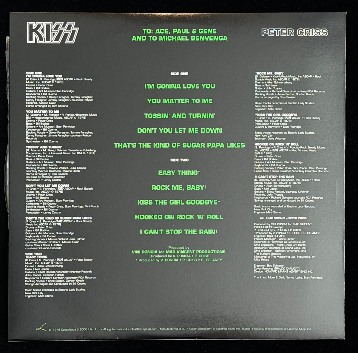 Peter Criss Signed/Autographed KISS Self Titled 1978 Vinyl LP Album PSA 214703