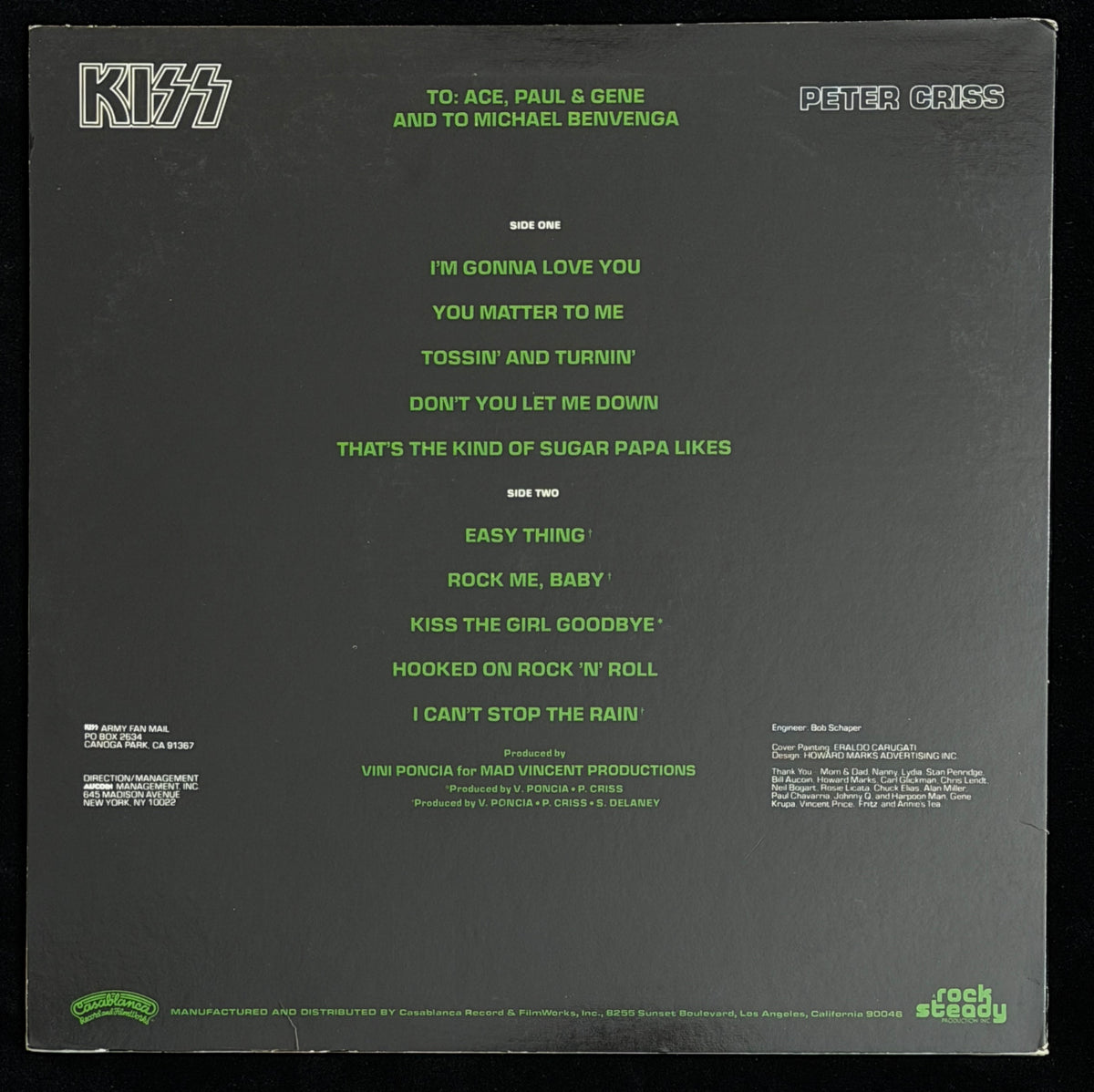 Peter Criss Signed/Autographed Kiss Solo 1978 Vinyl LP Album PSA 214714