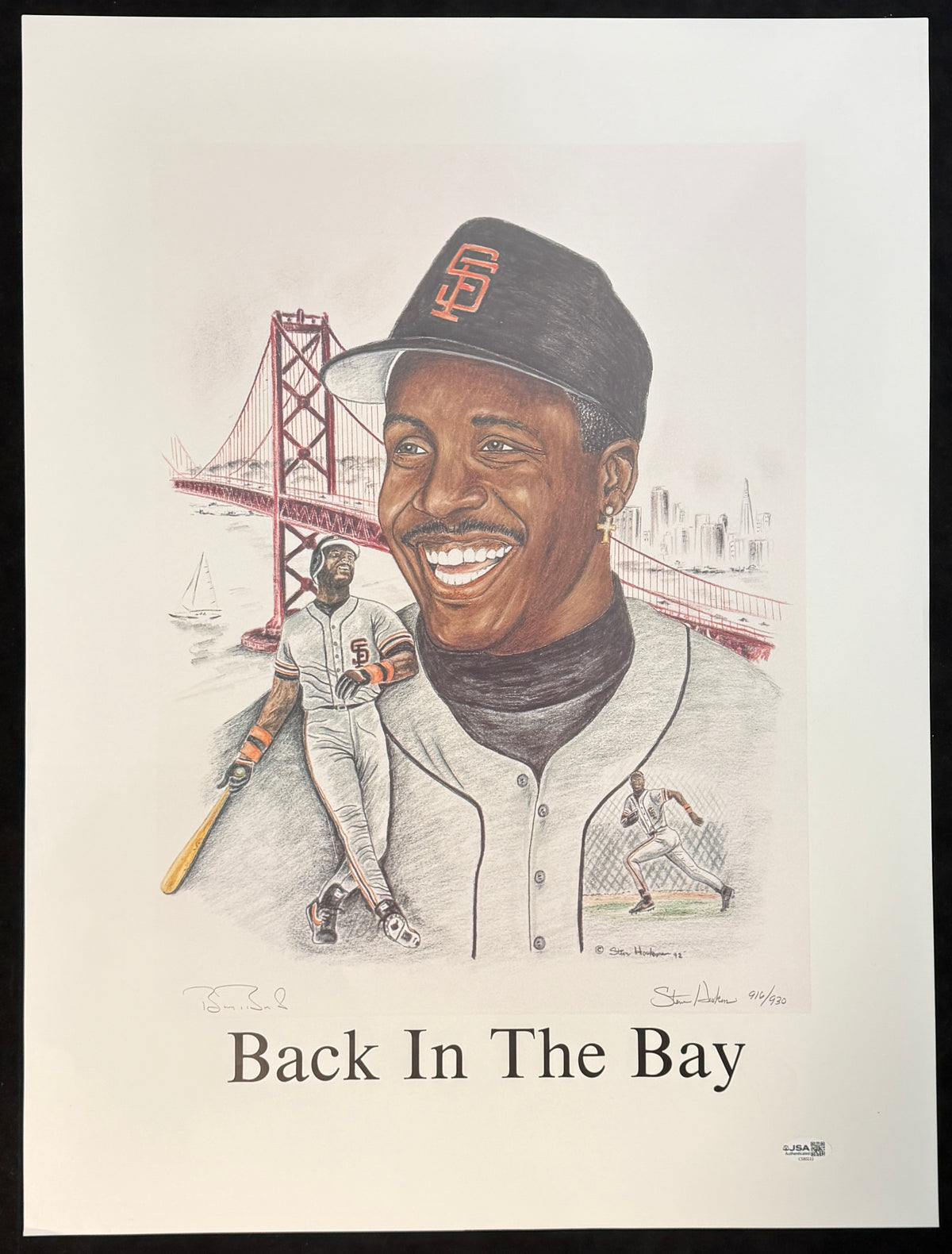 Barry Bonds Giants Signed 18x24 Steve Hoskin Lithograph 916/930 JSA 214674