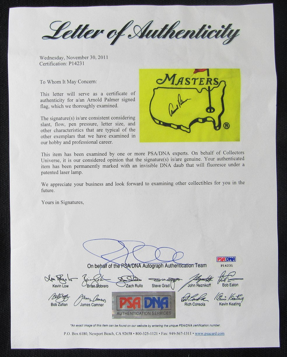 Arnold Palmer Signed/Auto Masters Pin Flag w/ Card Collage Framed PSA/DNA 214302