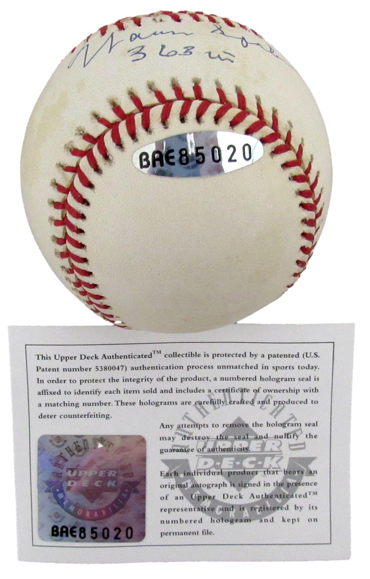 Warren Spahn HOF Signed/Inscribed ONL Baseball Braves Upper Deck 213273