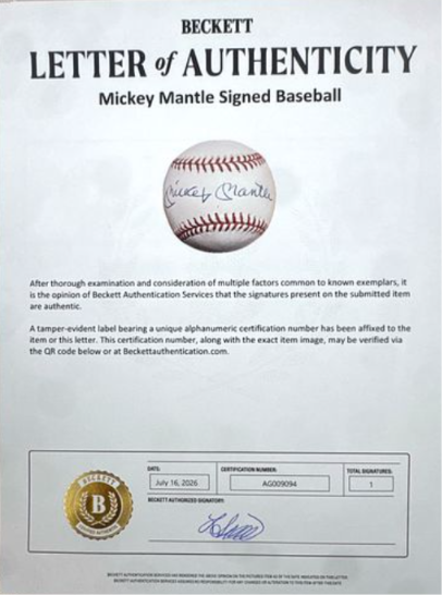 Mickey Mantle HOF Single Signed/Autographed OAL Baseball Yankees Beckett 213296