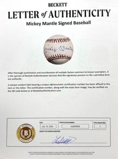 Mickey Mantle HOF Single Signed/Autographed OAL Baseball Yankees Beckett 213297