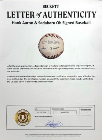 Hank Aaron/Sadahara Oh Dual-Signed/Autographed ONL Baseball Beckett 213299