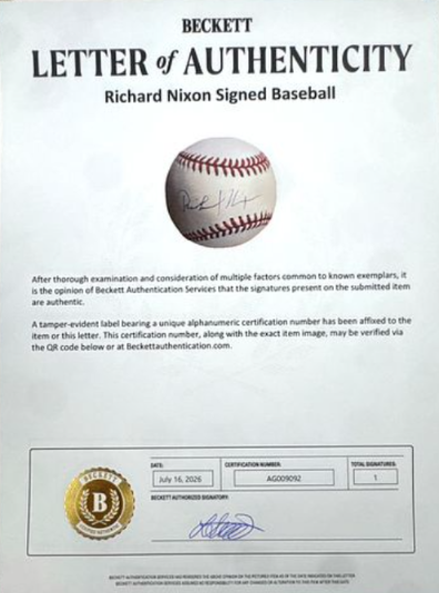 President Richard Nixon Single Signed/Autographed OAL Baseball Beckett 213301