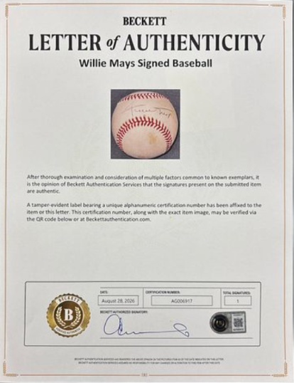 Willie Mays HOF Single Signed/Autographed ONL Baseball Giants Beckett 213295