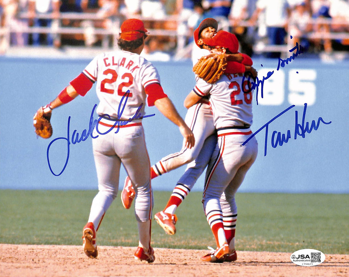 Jack Clark Ozzie Smith HOF & Tom Herr Signed 8x10 Photo Cardinals JSA 215213