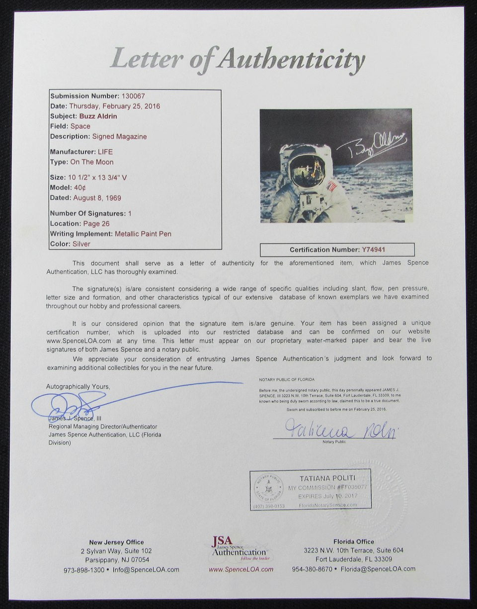 Buzz Aldrin Astronaut Apollo 11 Signed 8/8/1969 Life Magazine Framed JSA LOA