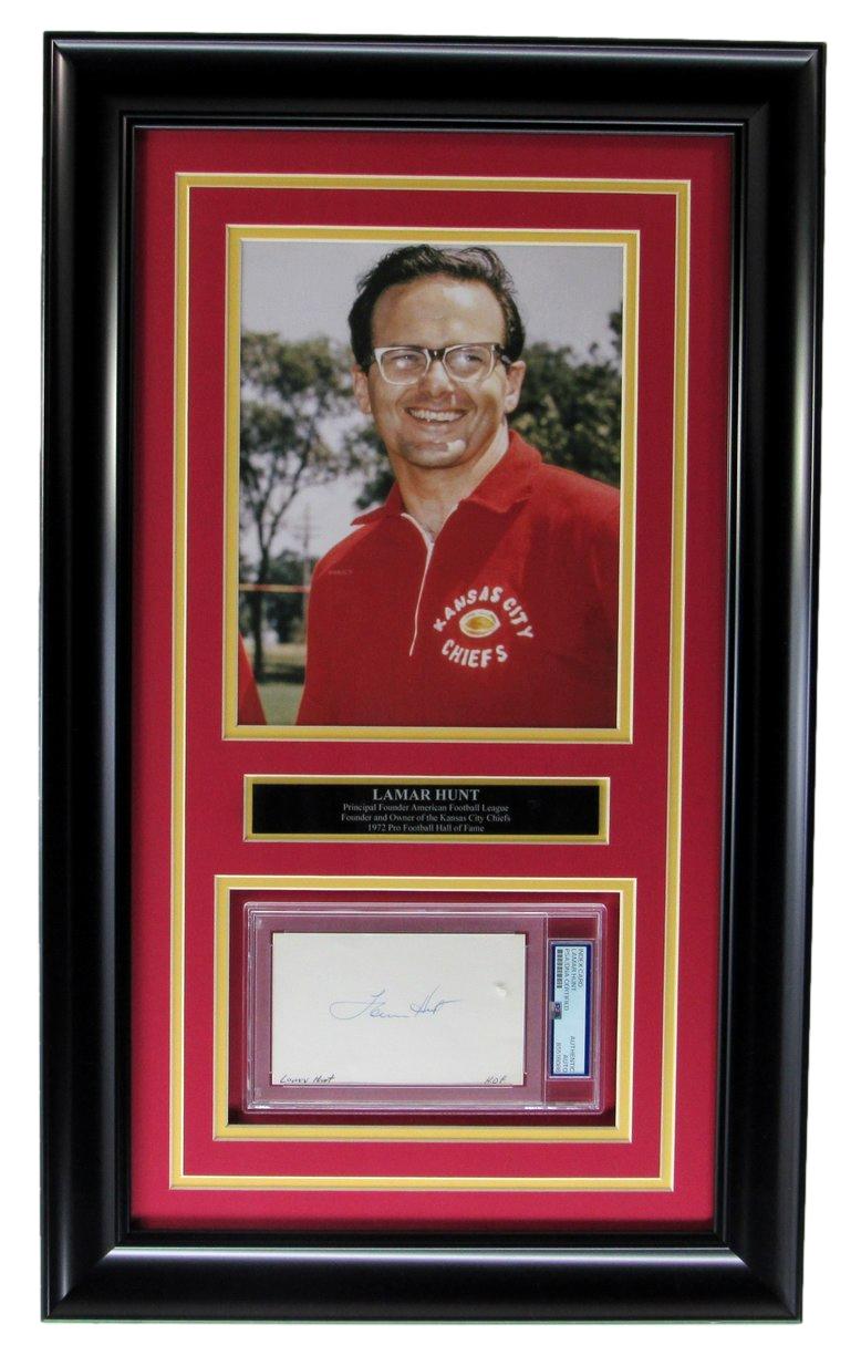 Lamar Hunt HOF KC Chiefs Signed 3x5 Card w/ 8x10 Photo Framed PSA/DNA 215345