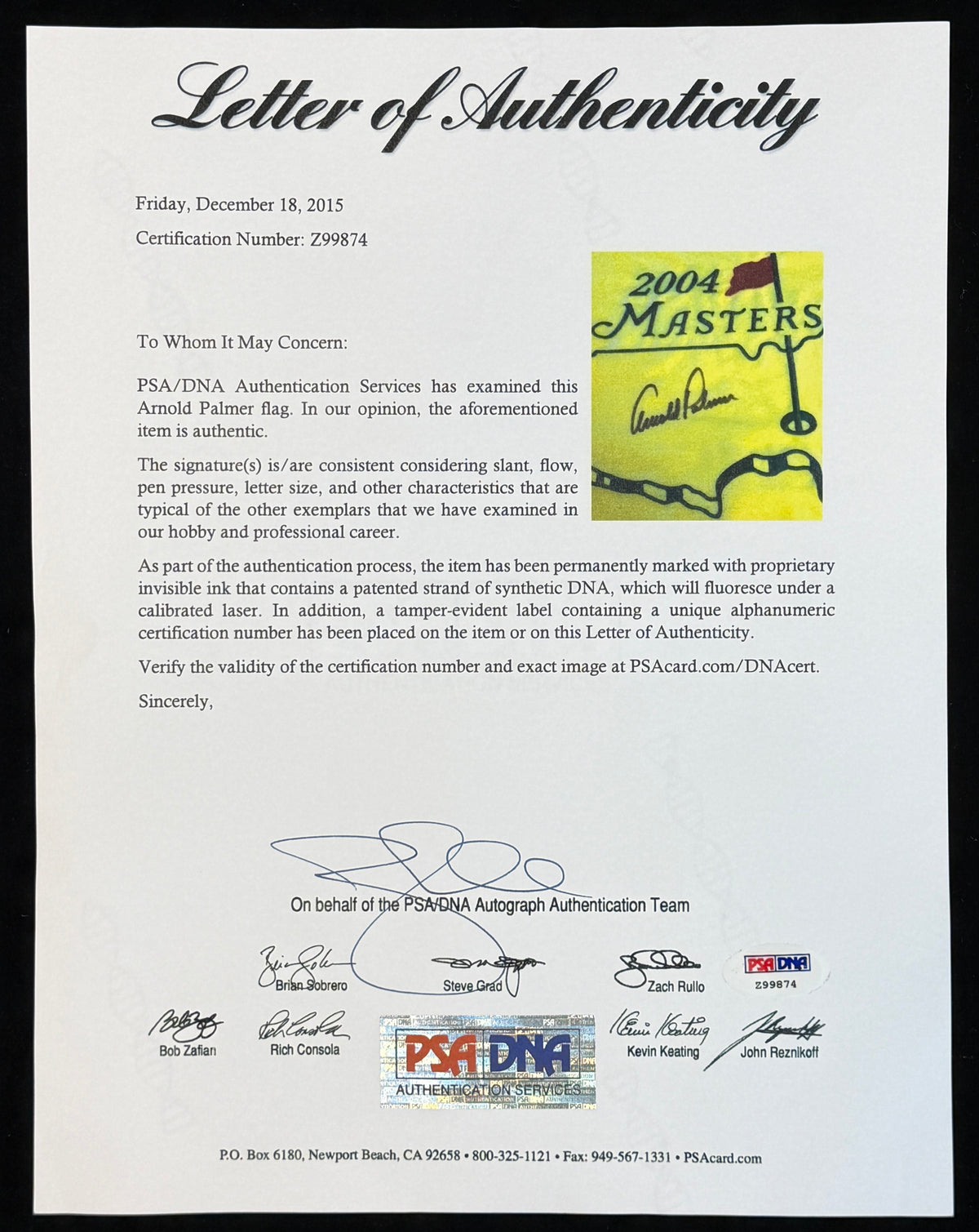 Arnold Palmer Signed/Autographed 2004 Masters Pin Flag PSA/DNA 215464