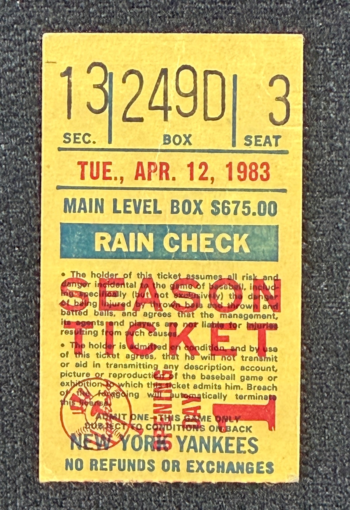 1983 New York Yankees Vs Tigers Opening Day 4/12/1983 Ticket Stub 211630