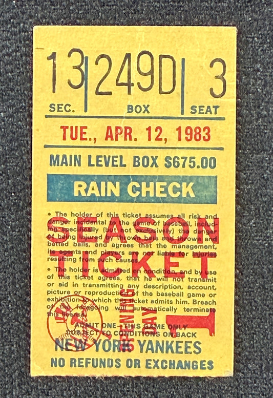1983 New York Yankees Vs Tigers Opening Day 4/12/1983 Ticket Stub 211630