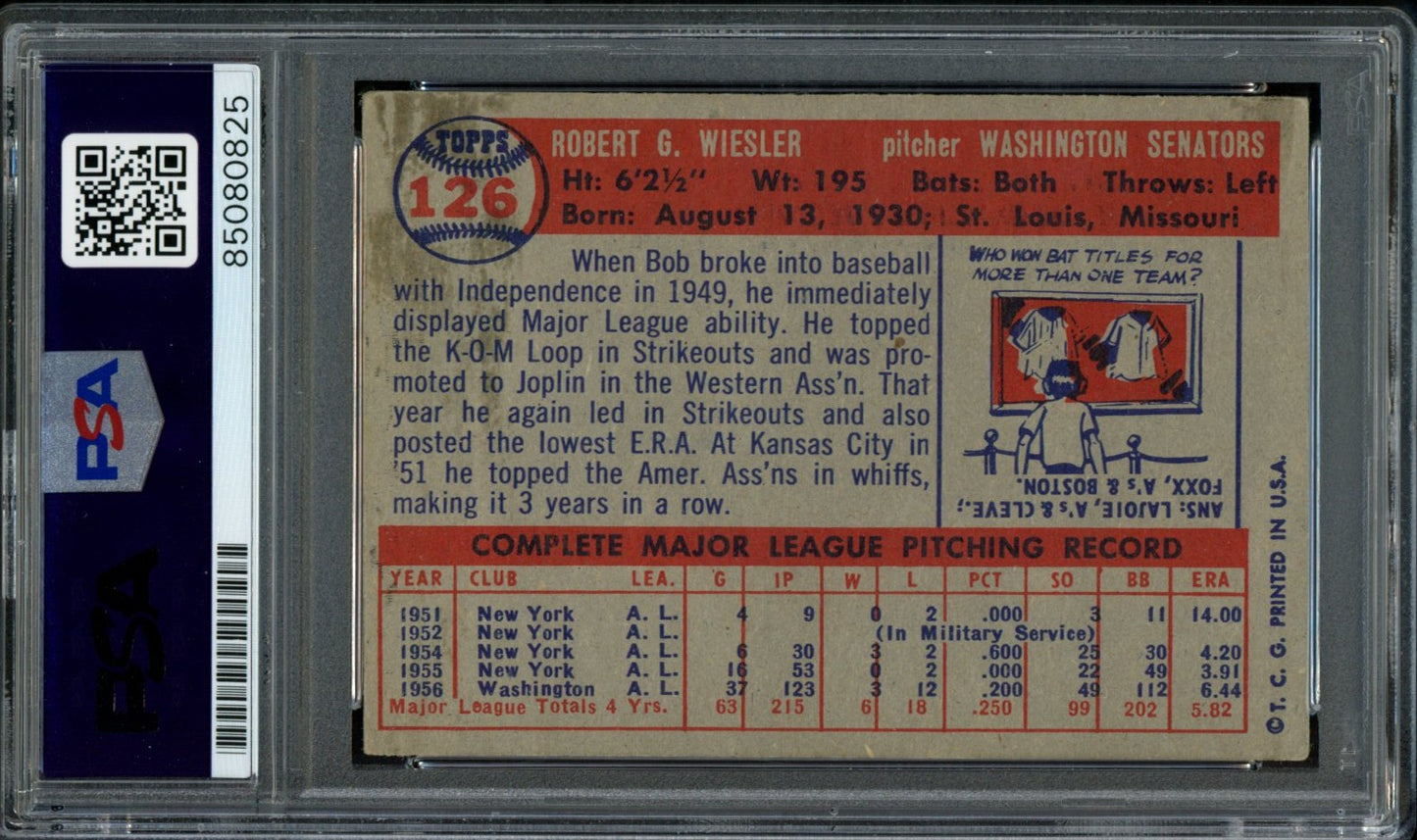 Bob Wiesler Signed 1957 Topps Card #126 Washington Senators PSA/DNA 184182