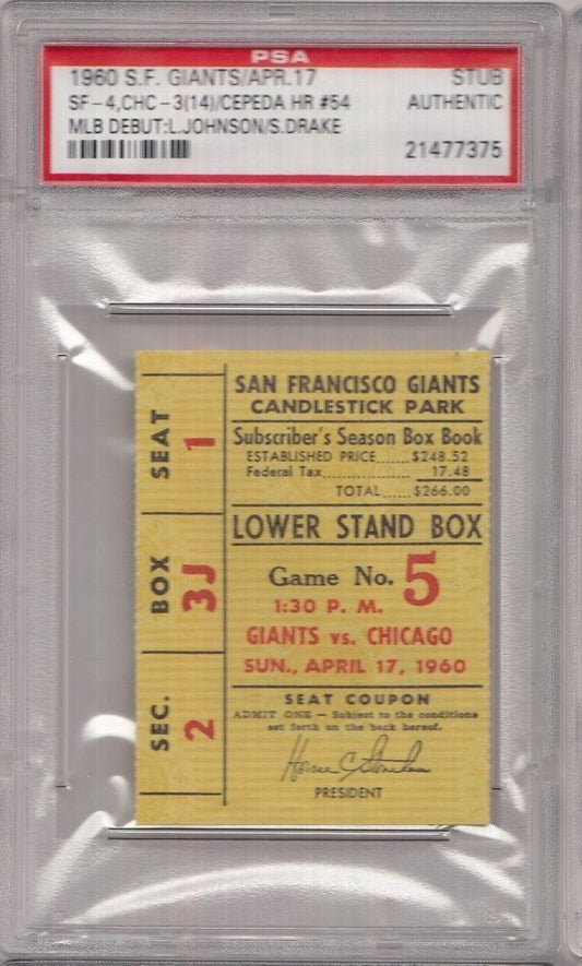 Sammy Drake Lou Johnson Cubs MLB Debut 1960 Slab Ticket Stub PSA 132071