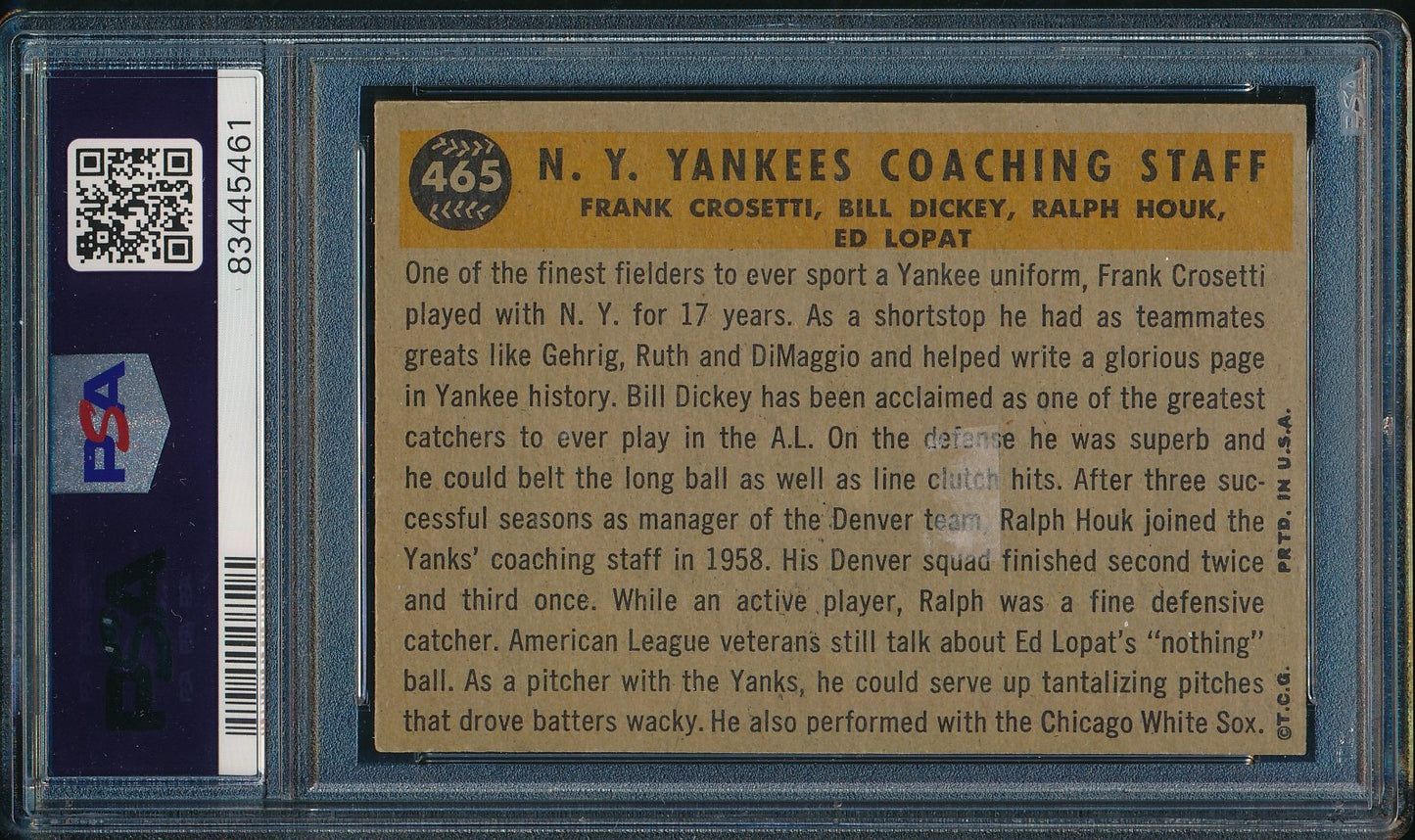 1960 Topps N.Y. Yankees Coaches #465 Multi-Signed Authentic Card PSA/DNA 188497