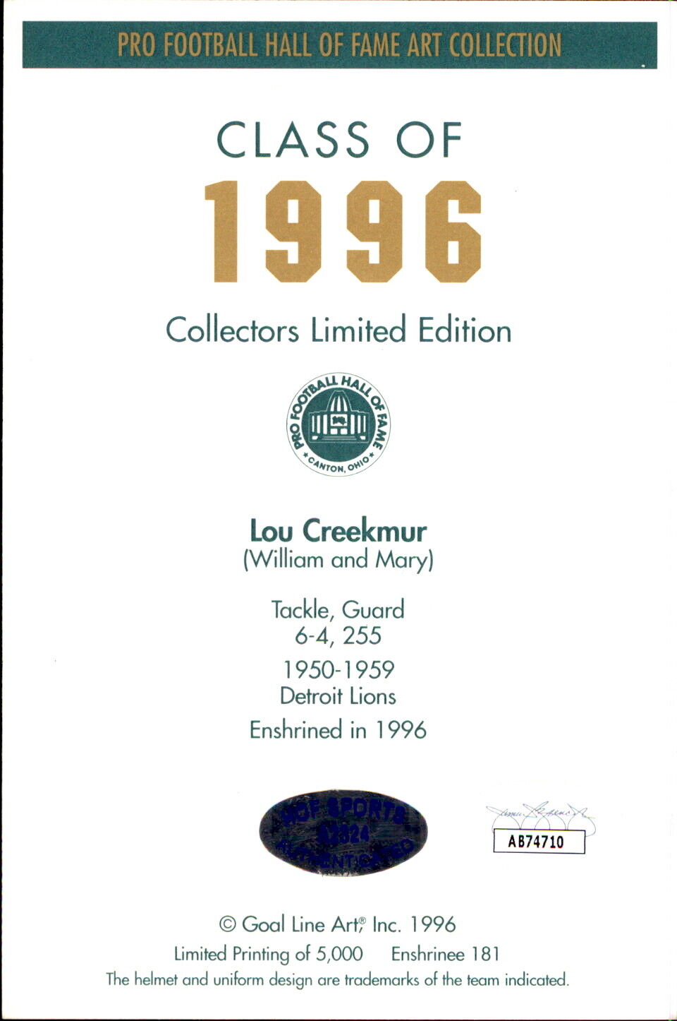 Lou Creekmur HOF Autographed/Inscr Goal Line Art GLAC Postcard Detroit Lions JSA
