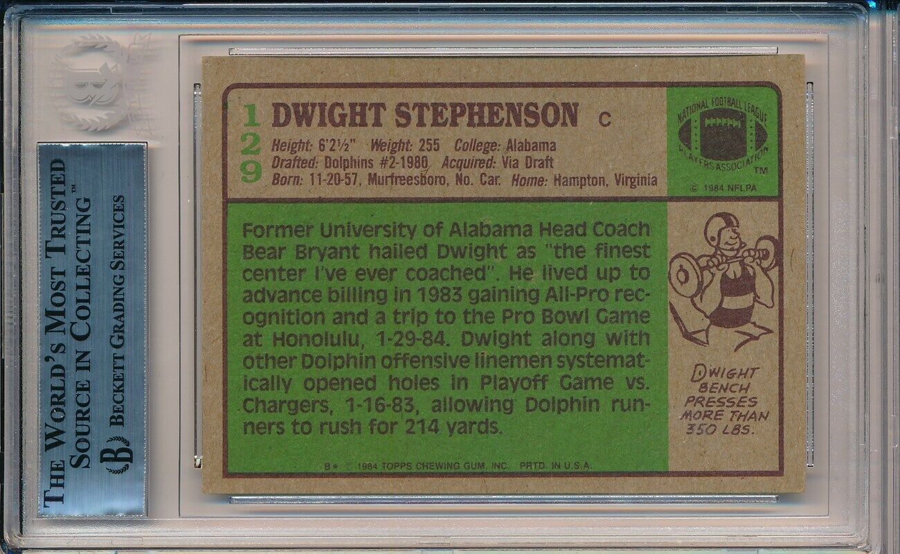 Dwight Stephenson Miami Dolphins Signed 1984 Topps RC Card #129 Beckett 147999