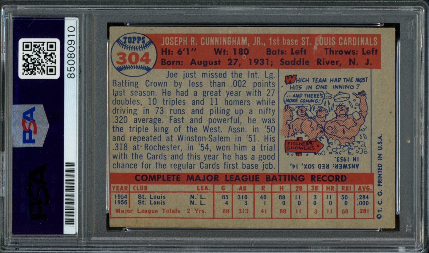 Joe Cunningham Signed 1957 Topps Trading Card #304 Cardinals PSA/DNA 184009