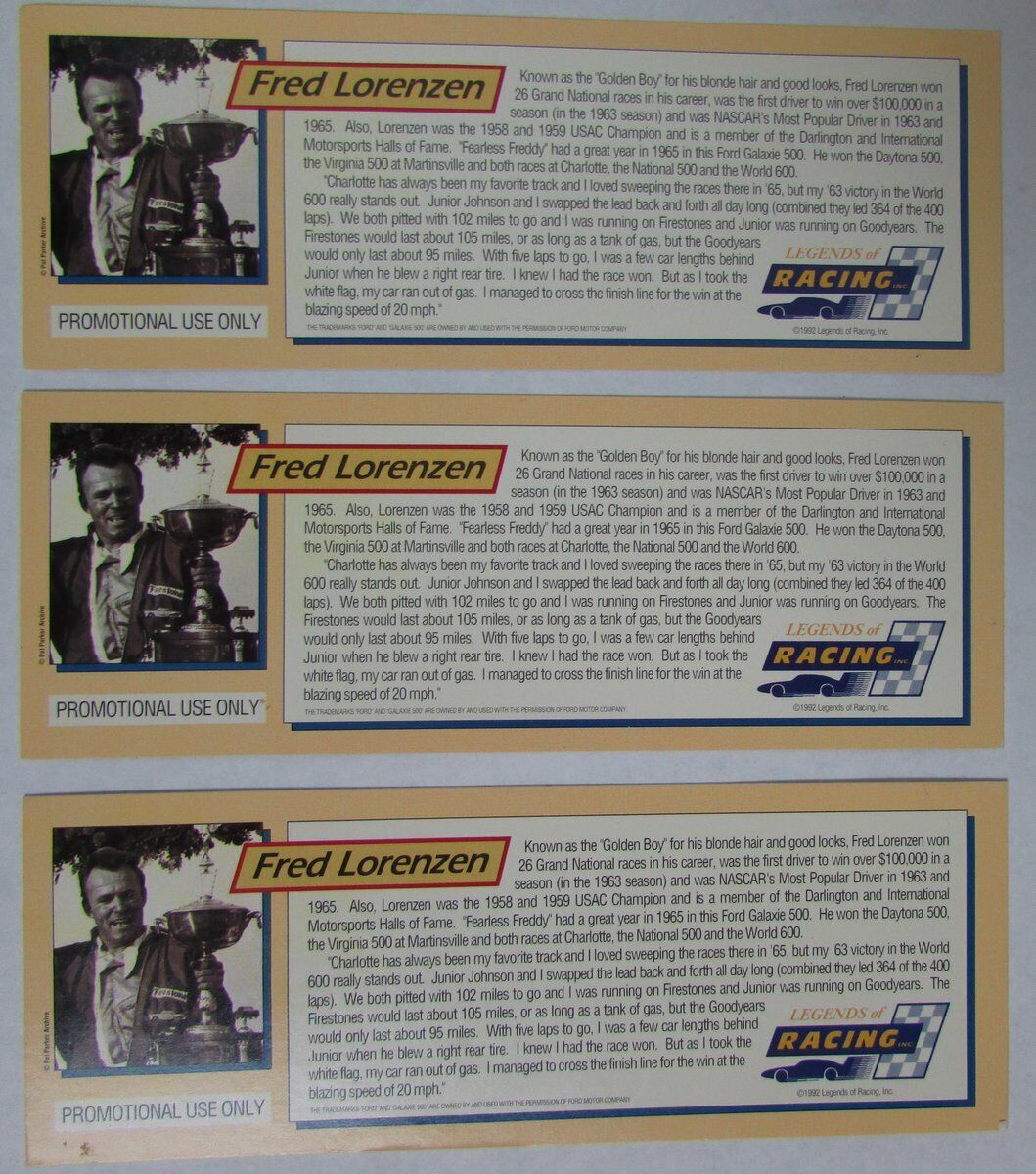 Fred Lorenzen (3) Signed Legends of Racing Promo Cards 1965 Ford Galaxie 145409