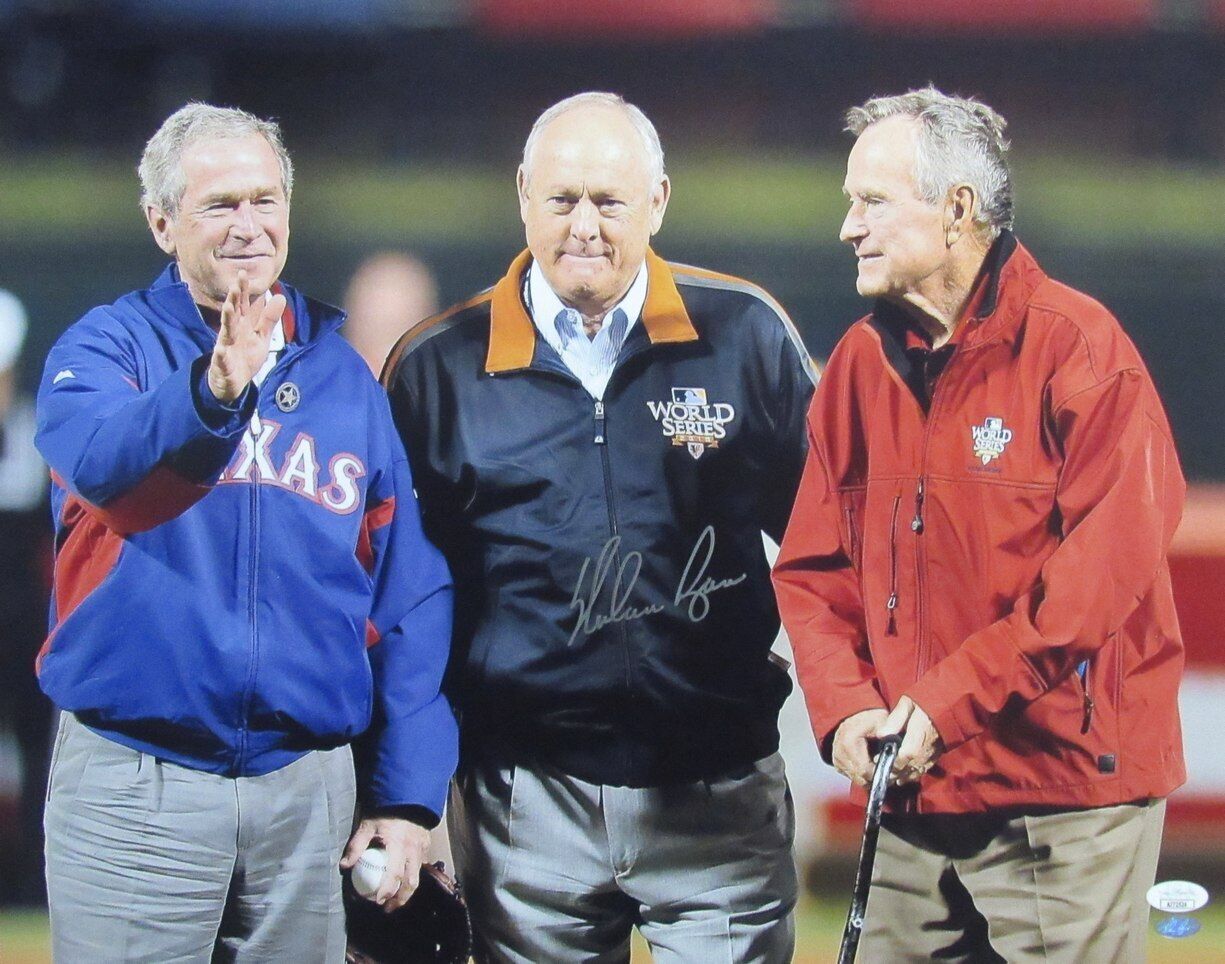 Nolan Ryan HOF Autographed 16x20 Photo w/ George Bush 41&43 Rangers JSA 179615