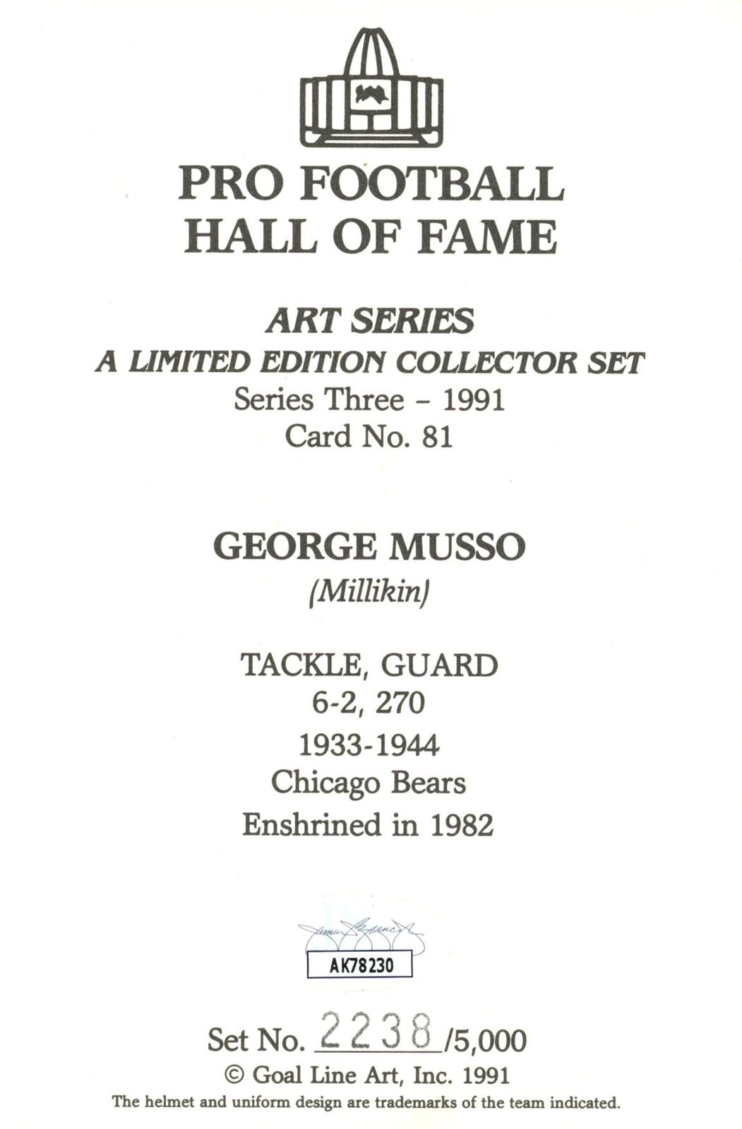 George Musso HOF Autographed Goal Line Art GLAC Postcard Bears JSA 180890