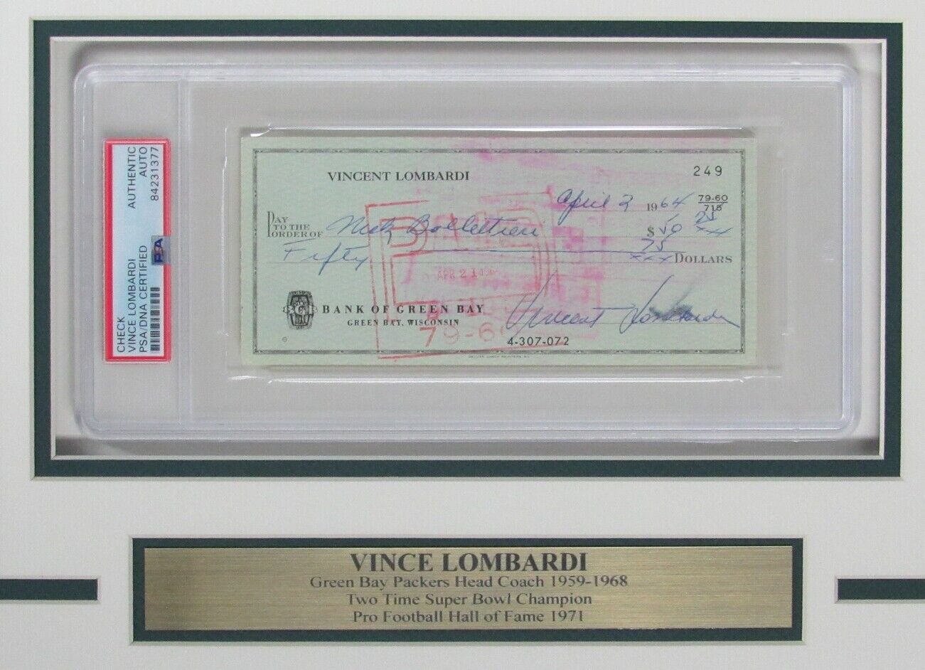 Vince Lombardi HOF Packers Signed Bank Check W/ Photo Framed PSA/DNA 158098