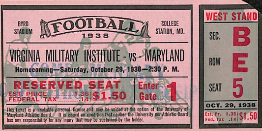 October 29,1938 VMI vs. Maryland College Football Ticket Stub 181675