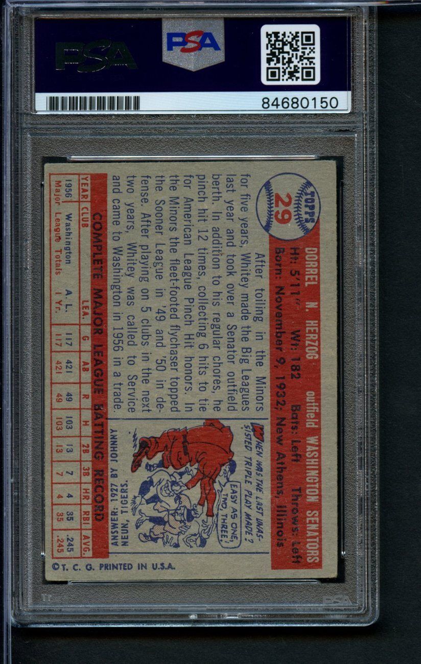 1957 TOPPS Rookie Whitey Herzog HOF #29 Card Signed Washington PSA/DNA