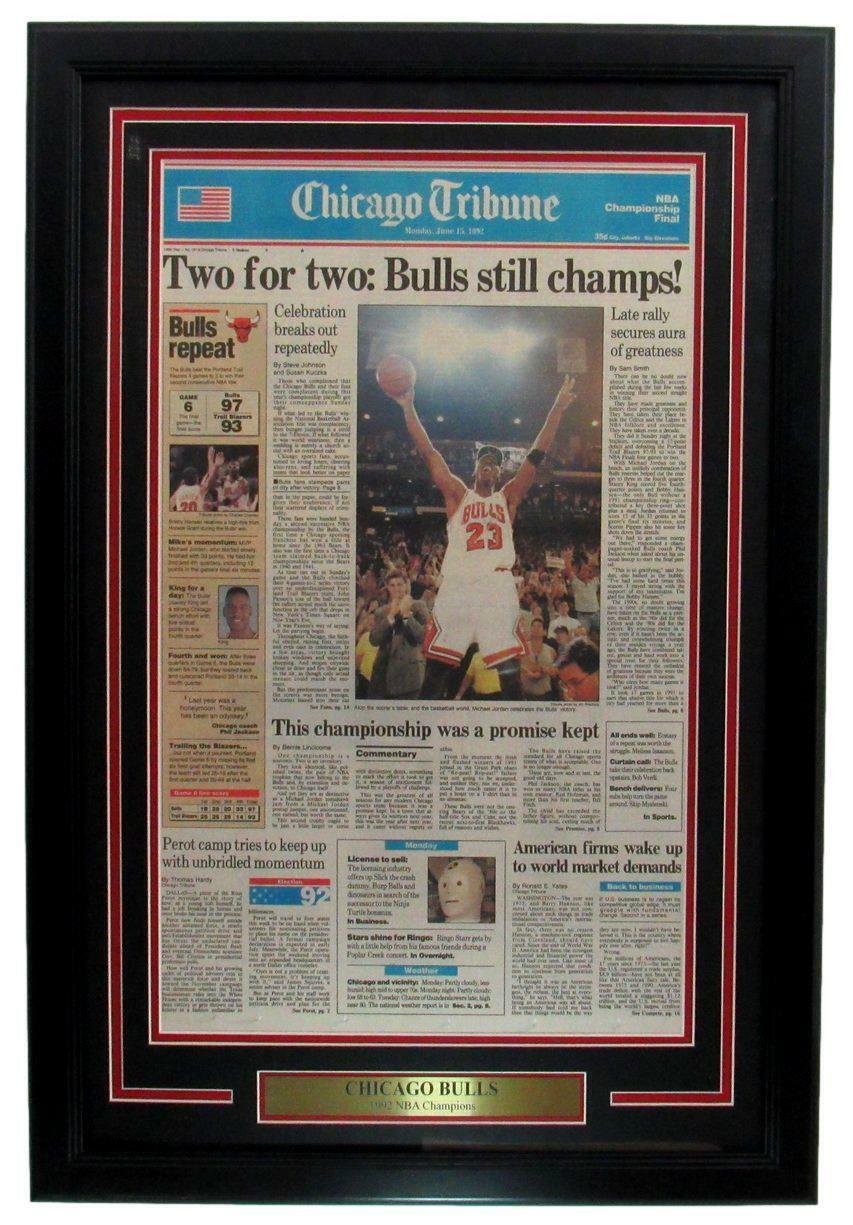 1992 Chicago Tribune Newspaper MICHAEL JORDAN  Bulls NBA Champs Framed 166172