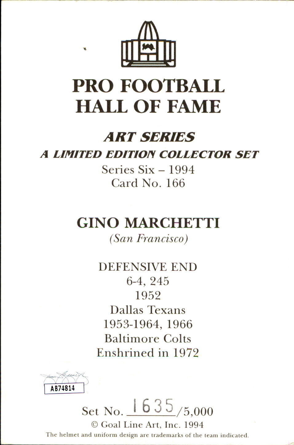 Gino Marchetti HOF Autographed Goal Line Art GLAC Postcard Baltimore Colts JSA