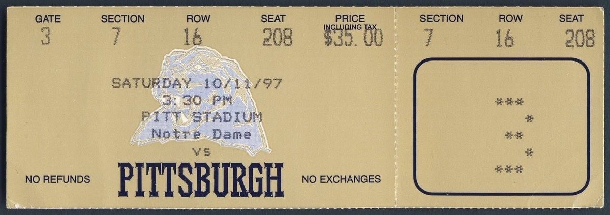 1991 Notre Dame v. Pitt Full Unused Ticket 128303