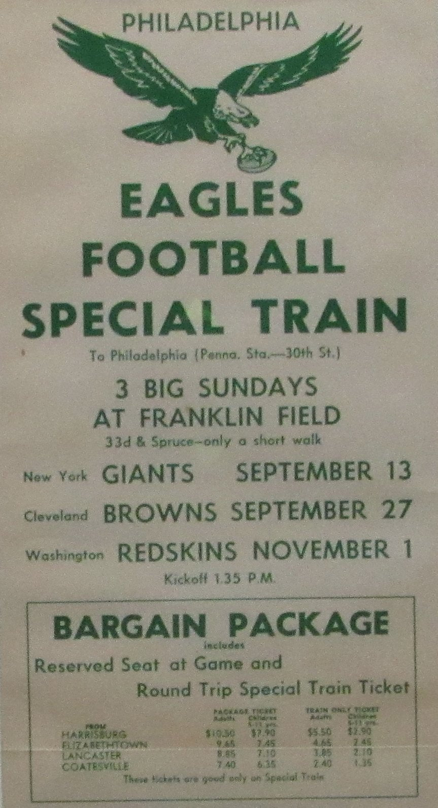 1964 Philadelphia Eagles Football Special Train Schedule Framed 146383