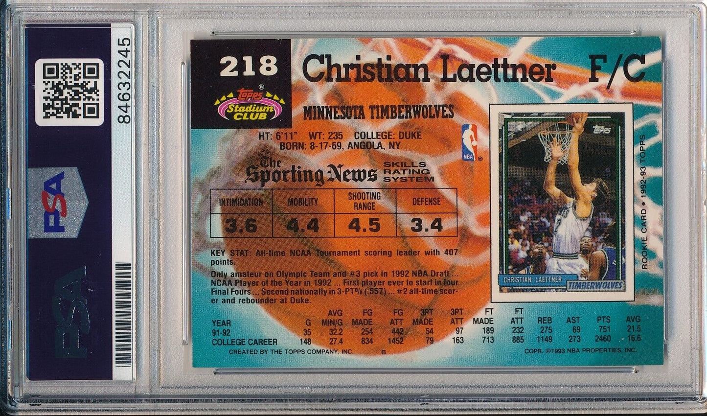 1992-93 Stadium Club Rookie Christian Laettner #218 Card Signed Wolves PSA/DNA