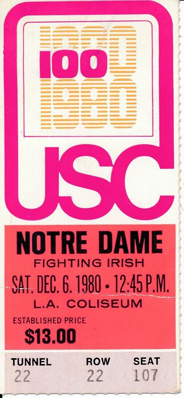 1980 USC Trojans vs. Notre Dame Football Game Ticket Stub M. Allen148492