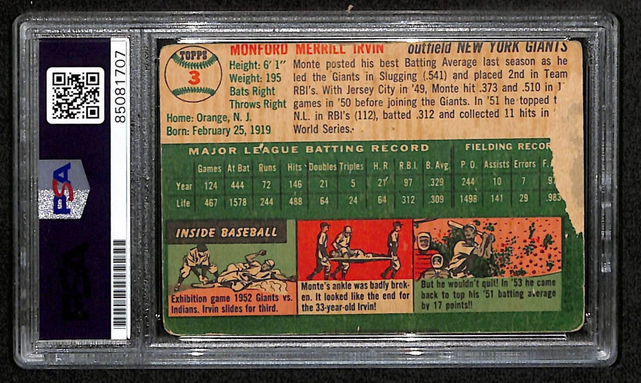 Monte Irwin HOF Signed 1954 Topps Topps Card #3 New York Giants PSA/DNA 184485