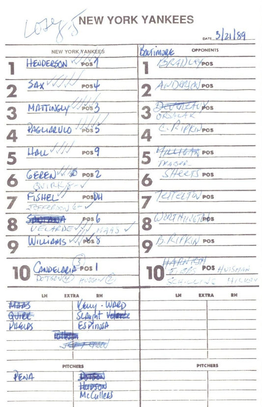 1989 New York Yankees Spring Training 5.5x8.5 Lineup Card vs.Orioles 151524