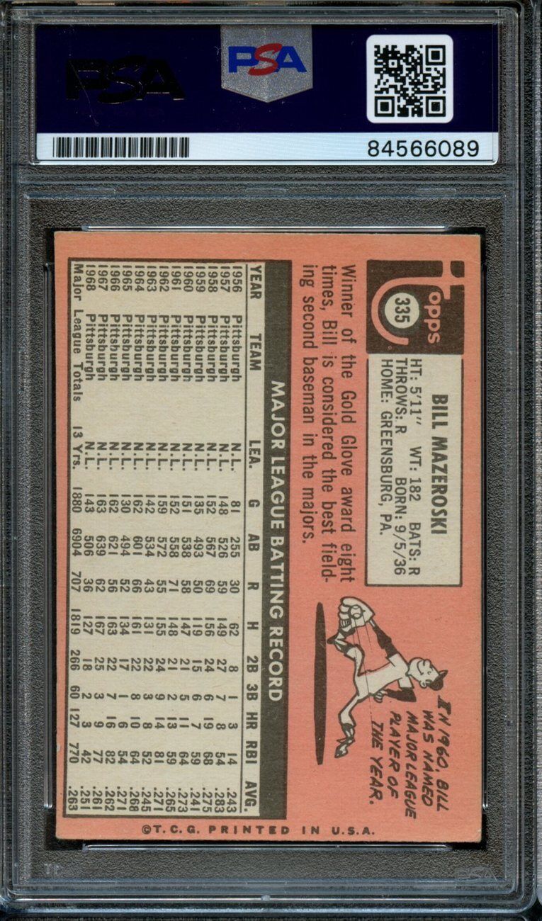 1969 Topps Bill Mazeroski #335 Card Signed/Auto PSA/DNA GEM MINT 10 167763