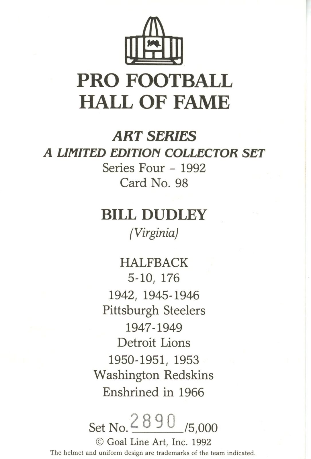 Bill Dudley HOF Autographed/Inscr Goal Line Art GLAC Postcard Redskins JSA