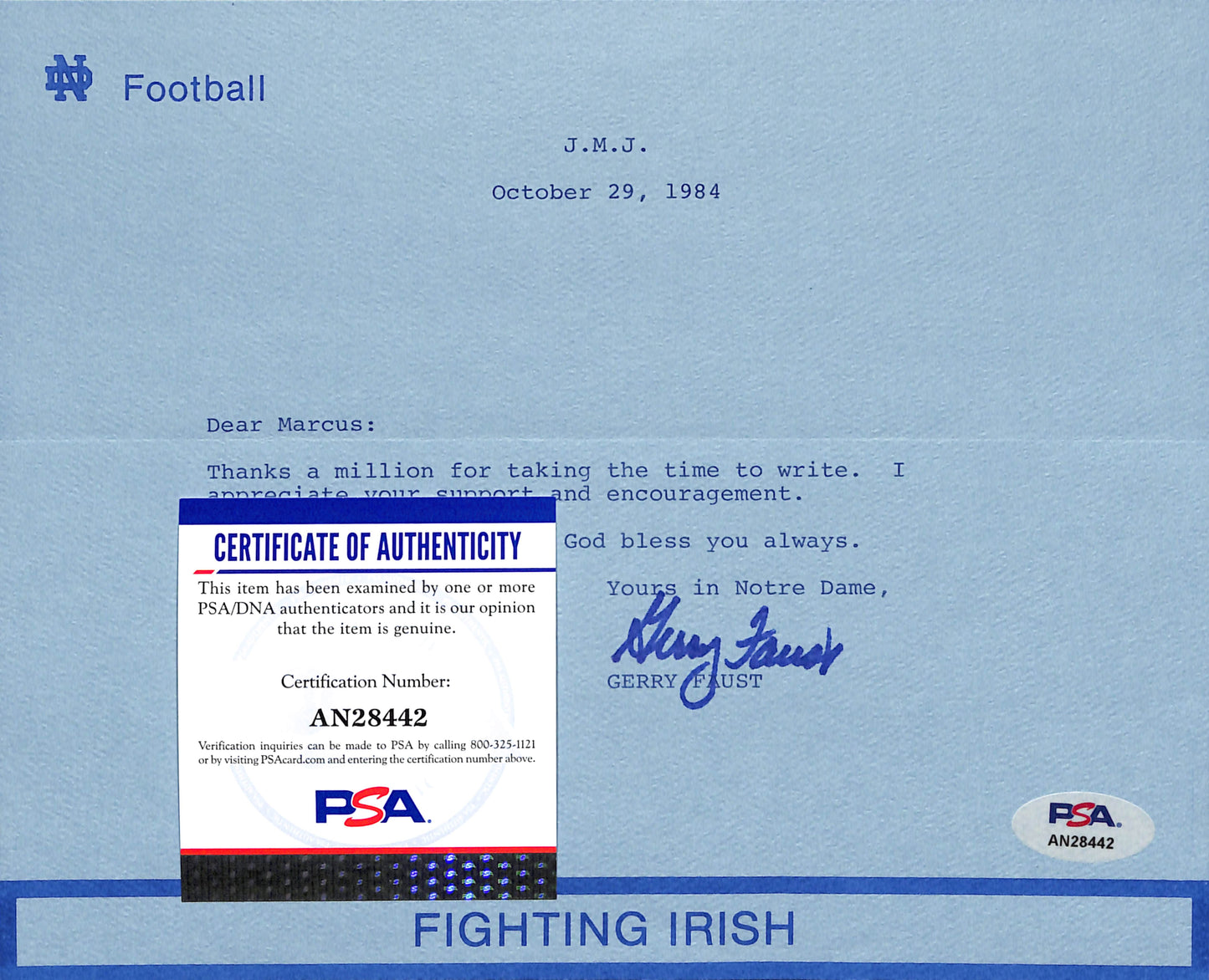 Gerry Faust Signed/Auto TLS Letter Notre Dame Head Football Coach PSA/DNA 185207