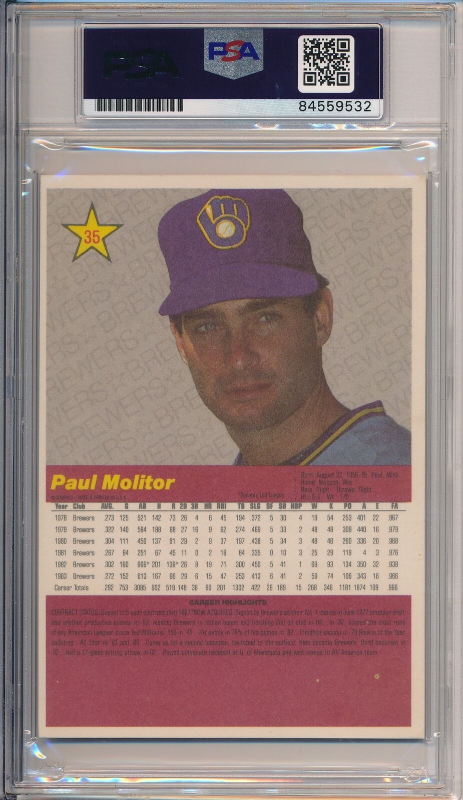 Paul Molitor HOF Brewers Autographed 1984 Donruss Action All-Stars PSA/DNA