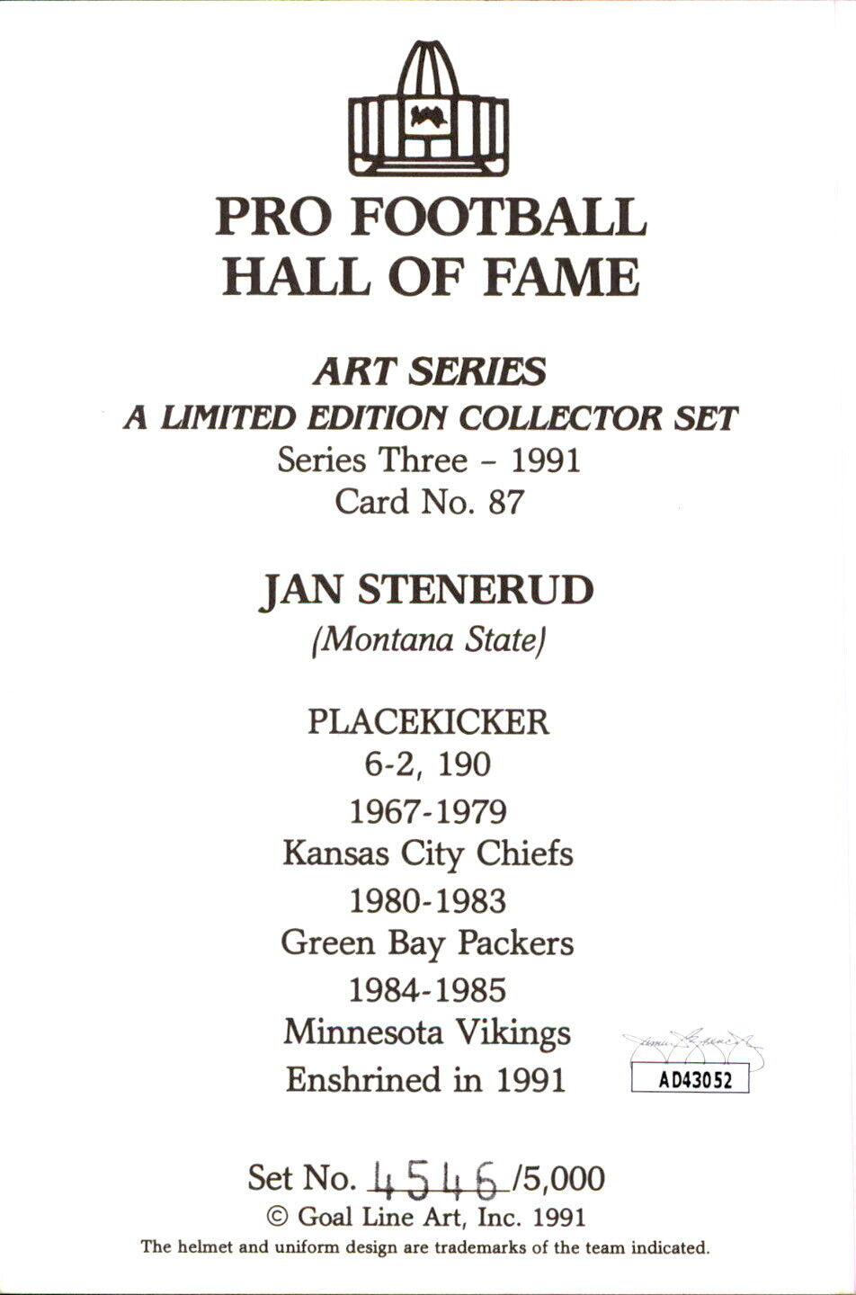 Jan Stenerud HOF Autographed Goal Line Art GLAC Postcard KC Chiefs JSA